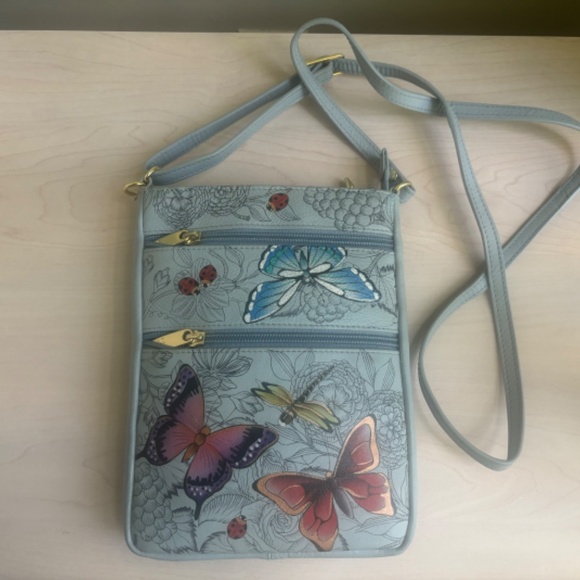 New Designer Anuschka Light Blue Floral Genuine Leather Shoulder Bag & Crossbody - Picture 2 of 11